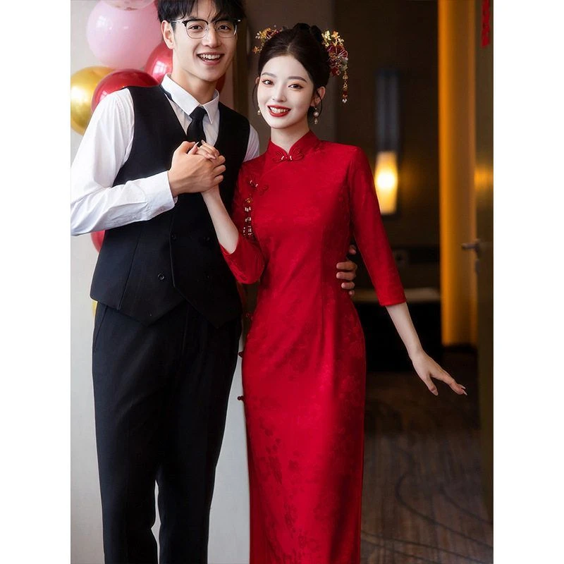 秋冬红色新娘改良新中式显瘦长旗袍年轻少女订婚结婚敬酒回门礼服