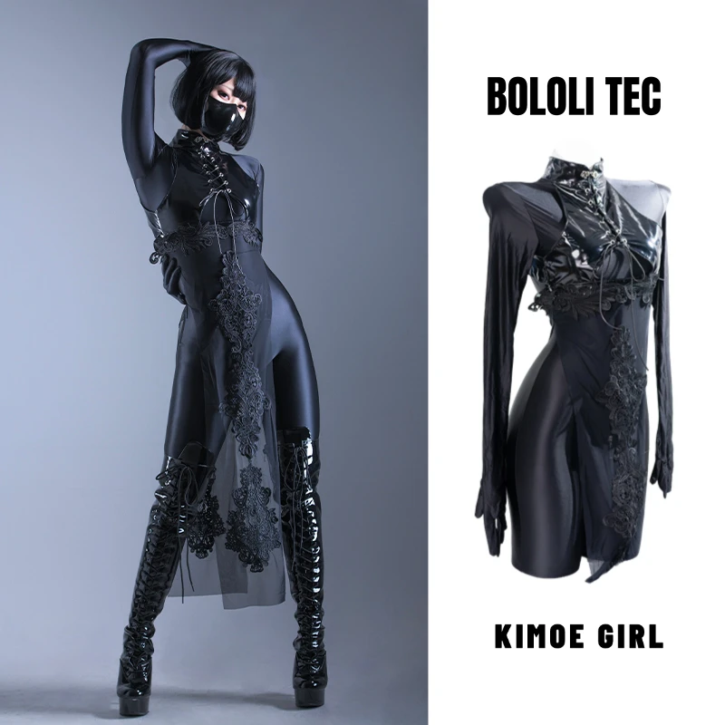 BOLOLI国风中华娘开叉旗袍漆皮zentai连体衣cos服套装