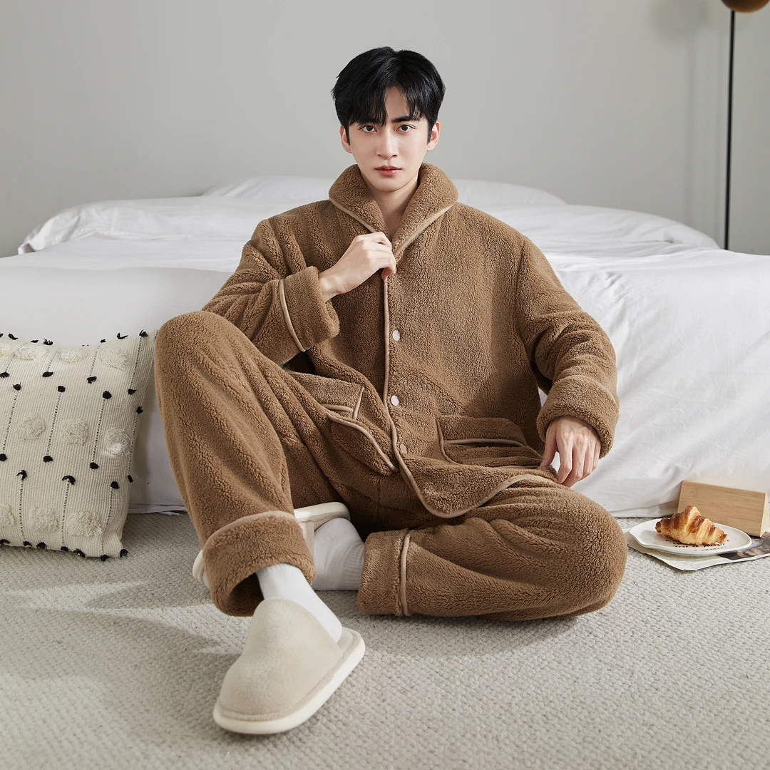 门店59&9！安心睡衣」雪花绒双面加厚可外穿家居睡衣套装男 C25494