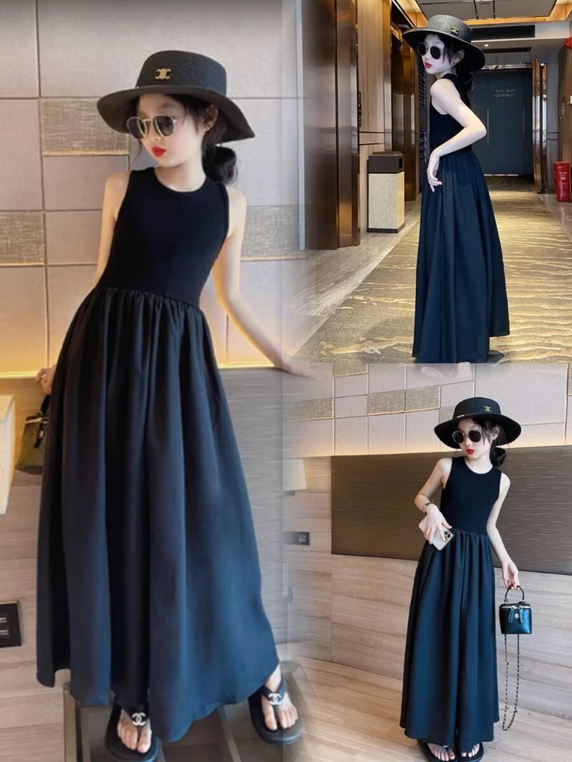 女童连衣裙夏季儿童小黑裙长裙夏装背心裙女大童洋气童装裙子夏款