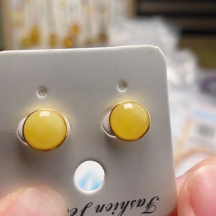 蜜蜡银S925镶嵌裸石蜜蜡耳钉