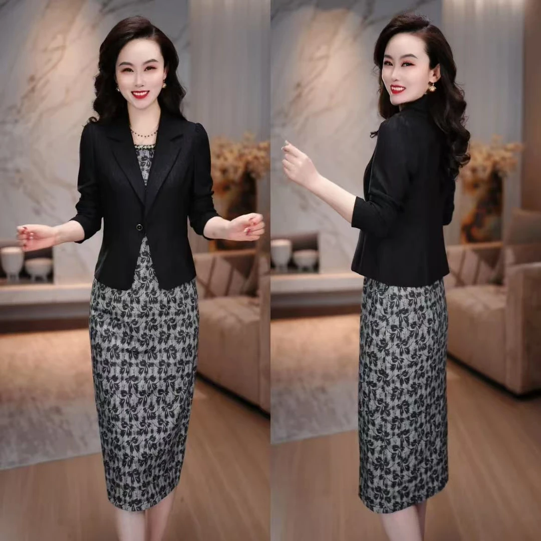 【西服外套+连衣裙 】 早秋长袖时尚高级感显瘦减龄两件套连衣裙