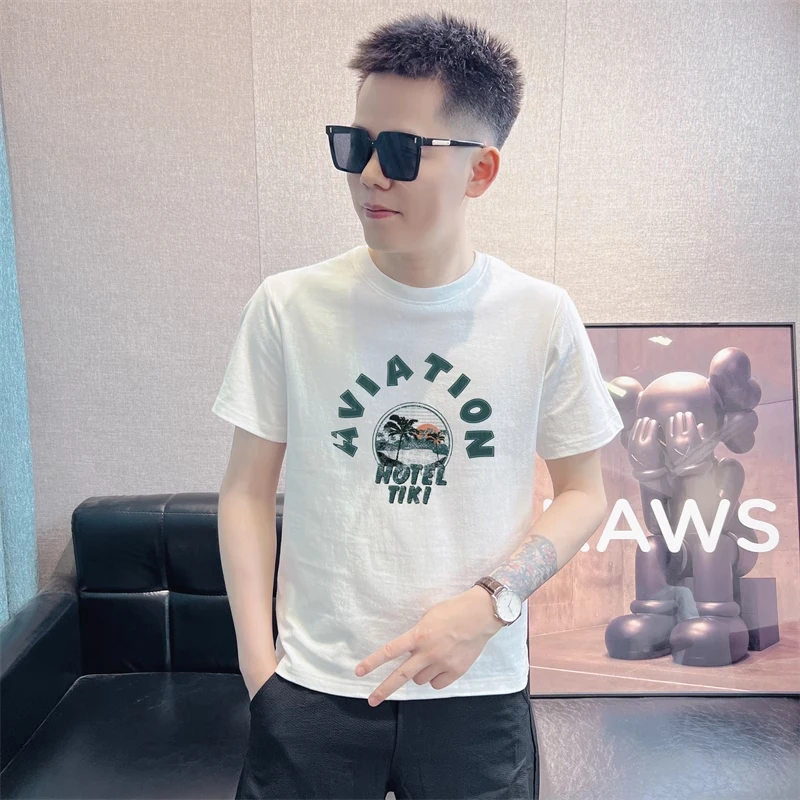 高端轻奢潮牌潮流透气短袖t恤薄款印花衣服2025夏季新款男士体恤