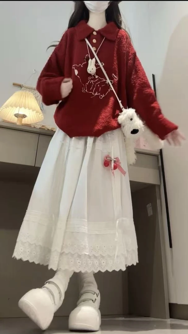 秋冬穿搭一整套韩系温柔红色针织毛衣搭配蕾丝半身裙气质两件套装