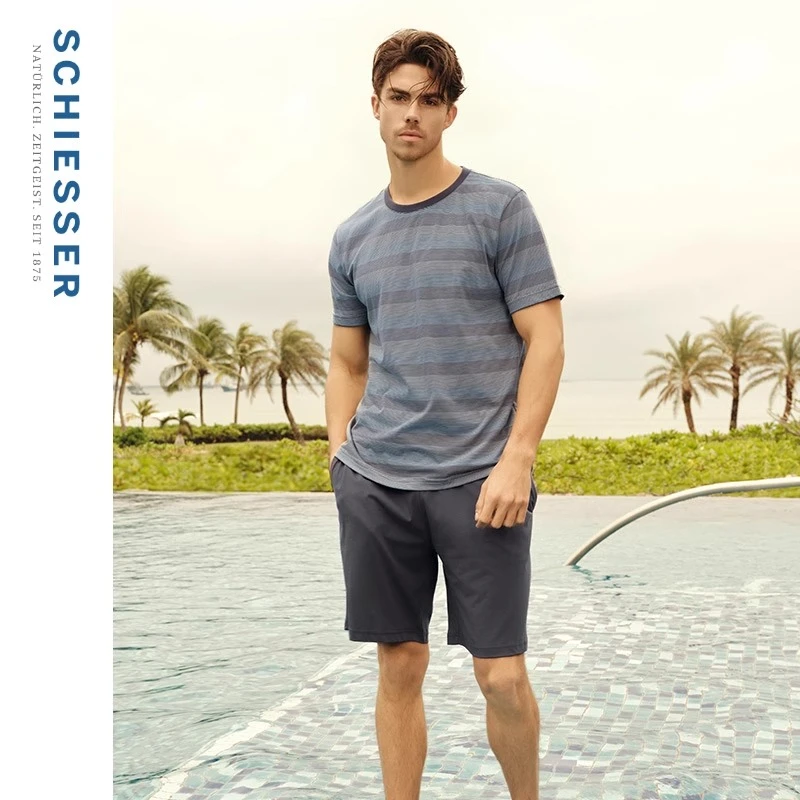 德国舒雅男士纯棉亲肤透气条纹圆领宽松男款睡衣家居服套装22610H