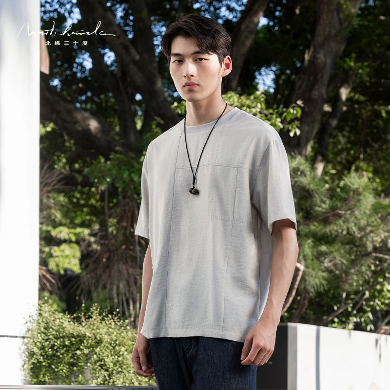 北纬三十度莱赛尔短袖夏季拼接百搭宽松圆领休闲纯色简约舒适透气