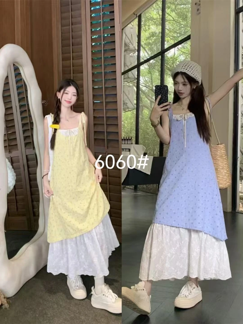 2025新款宽松小清新初恋甜美吊带蕾丝拼接多巴胺格子吊带连衣裙