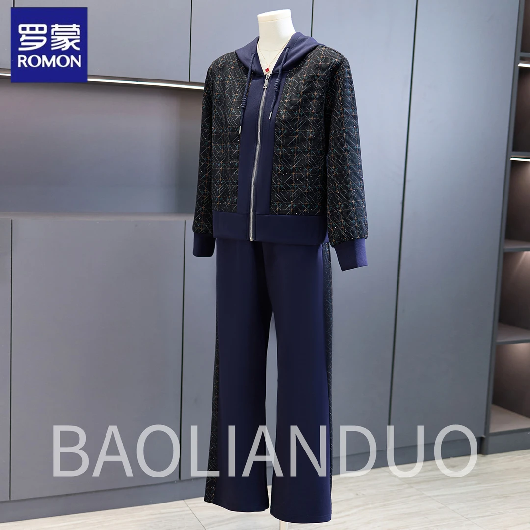 罗蒙中年妈妈秋装休闲连帽外套印花上衣中老年春秋跑步运动服套装