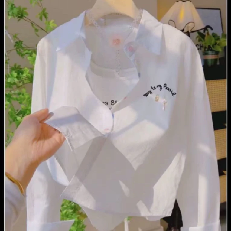 衬衫长袖2025时尚遮肚子口袋2025绣花字母宽松新款休闲衬衣上衣
