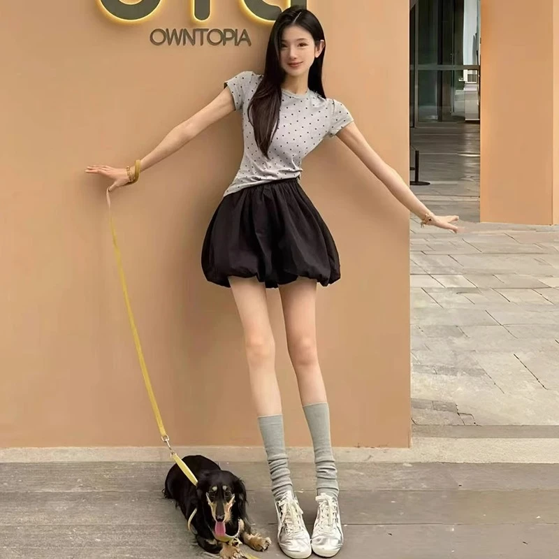 黑色花苞短裤女夏季薄款2025新款高腰a字温柔风设计感蓬蓬半身裙