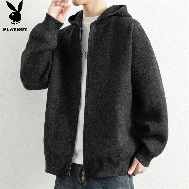 花花公子美式针织开衫外套男秋冬季潮牌慵懒风毛衣高级感连帽外套