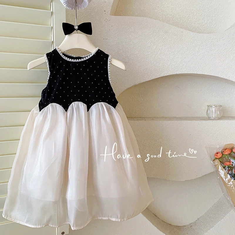 夏“黑白格调”韩版女童无袖珍珠网纱公主裙24072