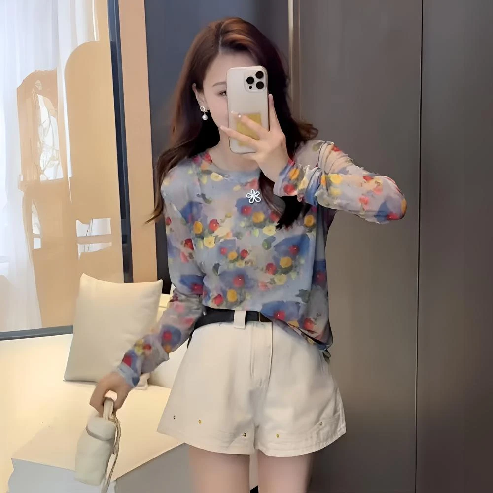 扎染网纱圆领防晒t恤上衣夏季新款设计感百搭显瘦碎花小衫