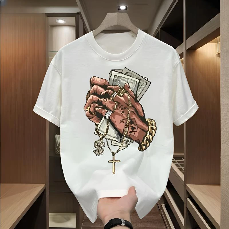 雅鹿男士半袖t恤印花韩版夏季短袖潮牌男式T恤休闲白色宽松圆领