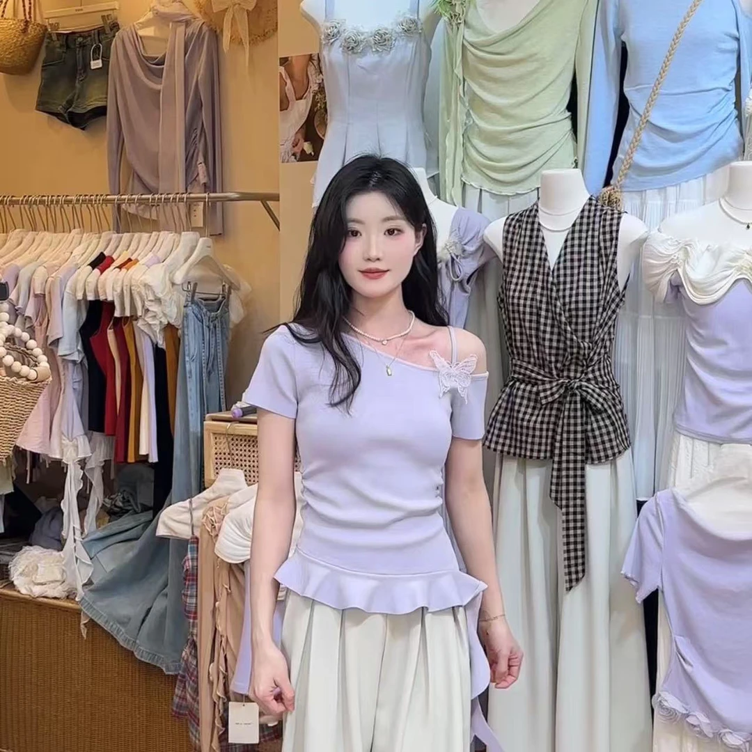 一字肩针织短袖针织女夏季设计感小众法式修身纯欲露肩荷叶边上衣