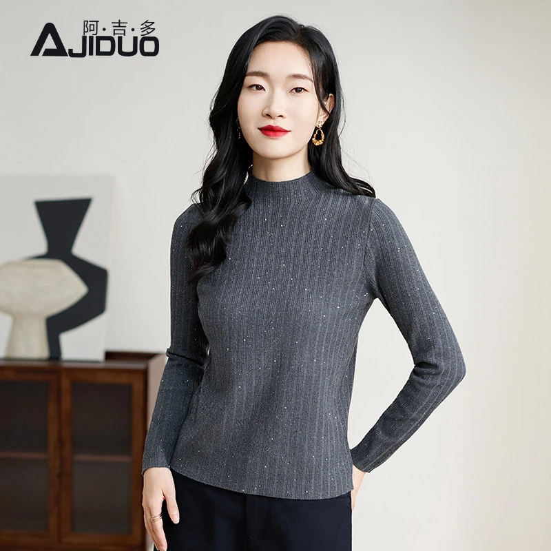 阿吉多长袖灰色针织衫女秋冬新款舒适保暖打底毛衣基础百搭上衣
