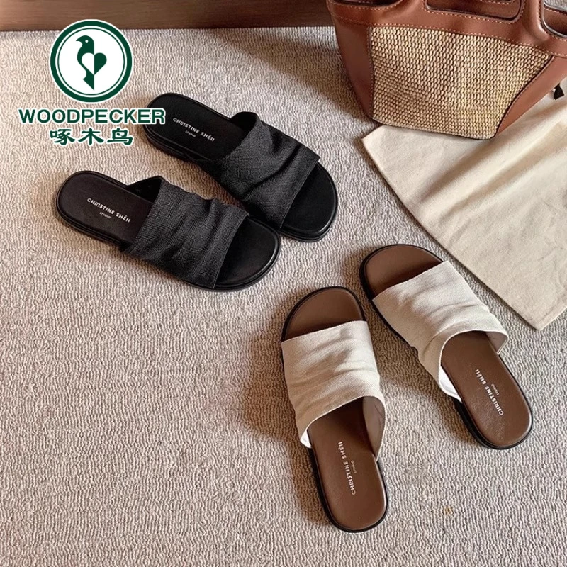 啄木鸟法式平底凉拖鞋女夏外穿2025新款仙女风沙滩度假风一字拖鞋