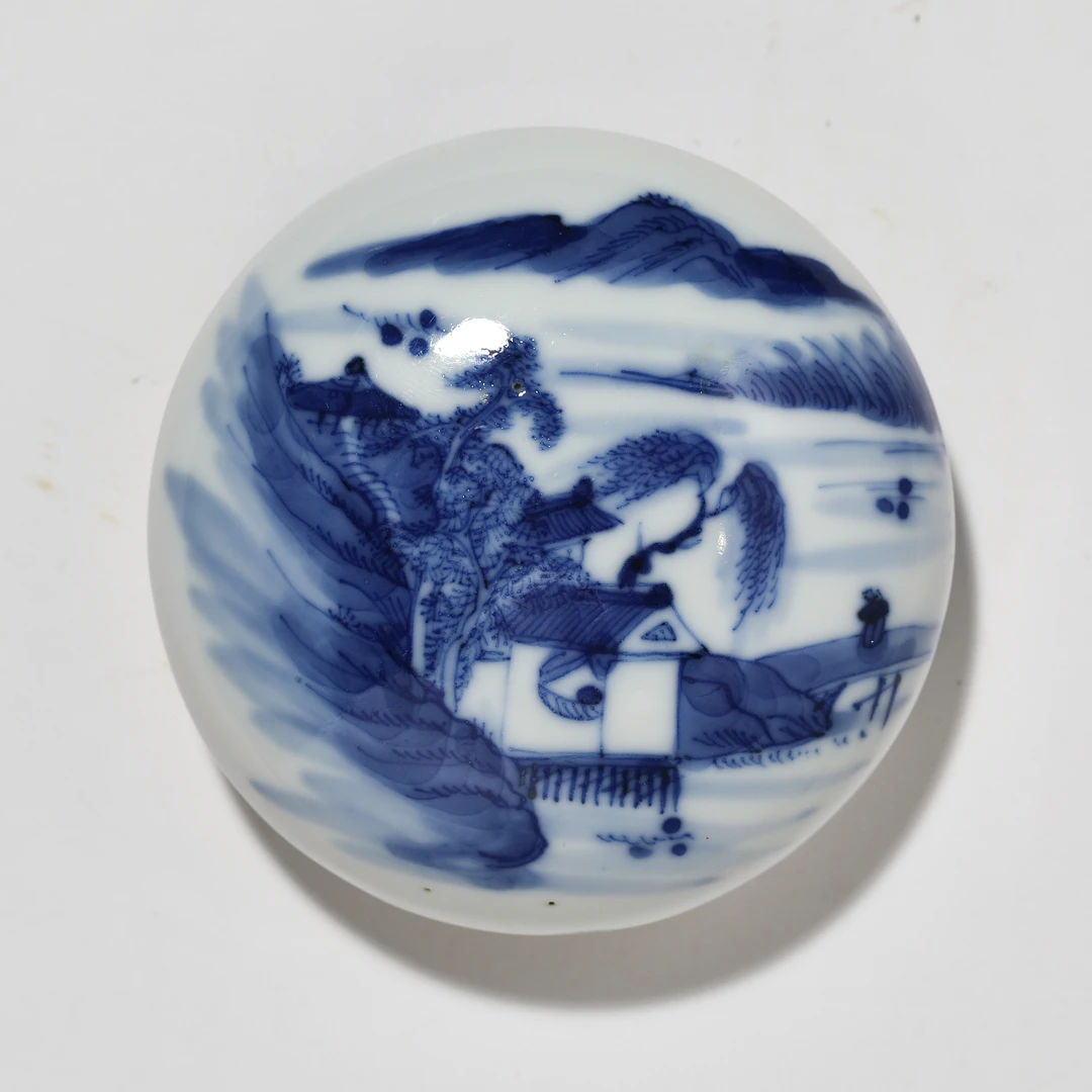 3535清晚期·青花山水人物纹印盒【古董拍卖】