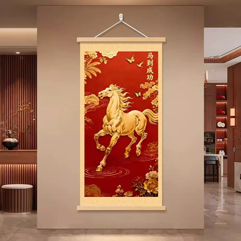 中式马到成功装饰画客厅玄关挂画红色喜庆金马木质画框