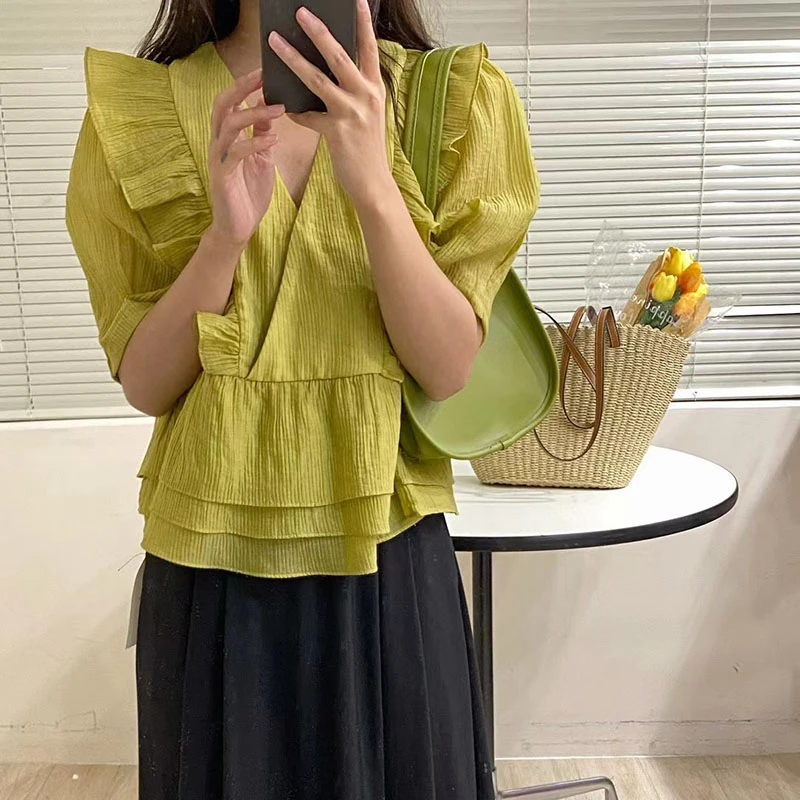 《香巧可可》夏季新款大码女装V领甜美仙女气质上衣