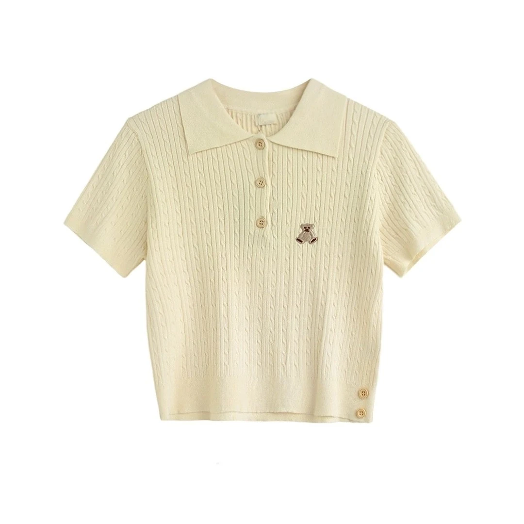 夏装新款复古学院风短款小熊刺绣polo领短袖针织衫女上衣
