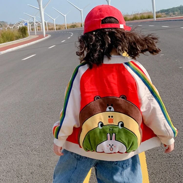 女童春秋装外套2025新款洋气女孩宝宝刺绣卡通棒球服拼色女童秋装