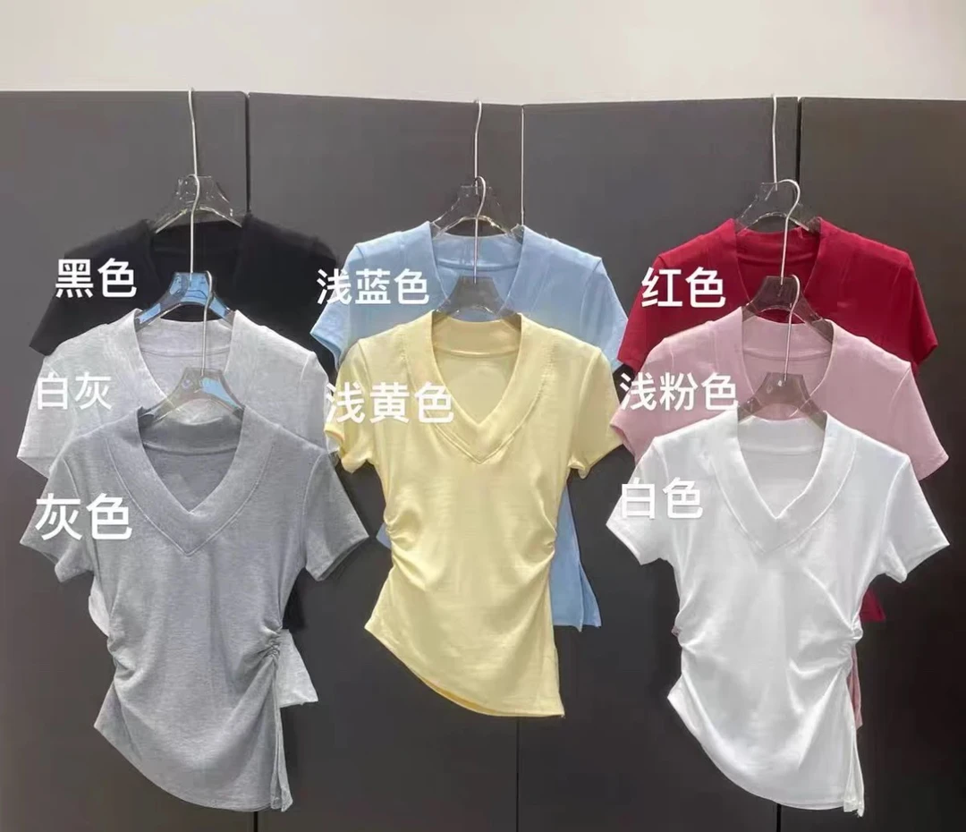 螺纹棉、V领正肩显瘦 褶皱收腰不规则短袖（80斤-140斤）