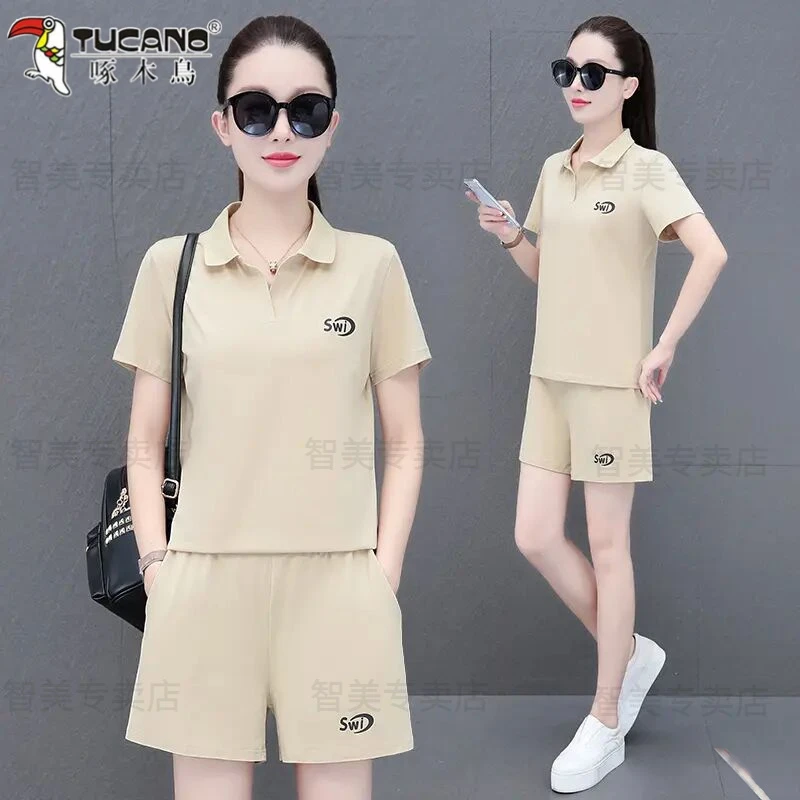 啄木鸟夏季新款宽松气质运动洋气女显瘦休闲短袖时尚潮气短裤套装