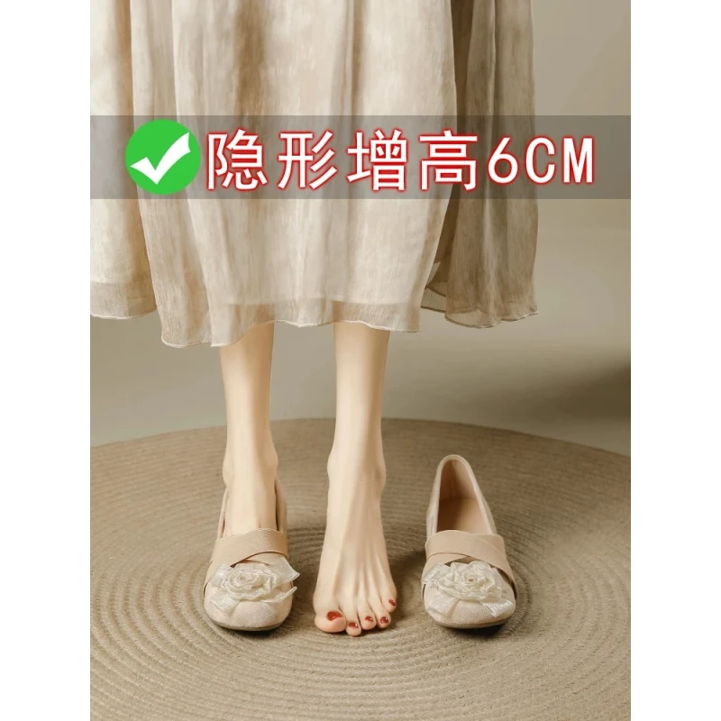 内增高女鞋山茶花交叉带芭蕾鞋软底不累脚粗跟玛丽珍单鞋百搭方头