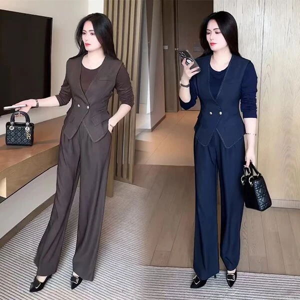 时尚套装女2025秋季新款洋气减龄显瘦百搭马甲上衣阔腿裤两件套潮
