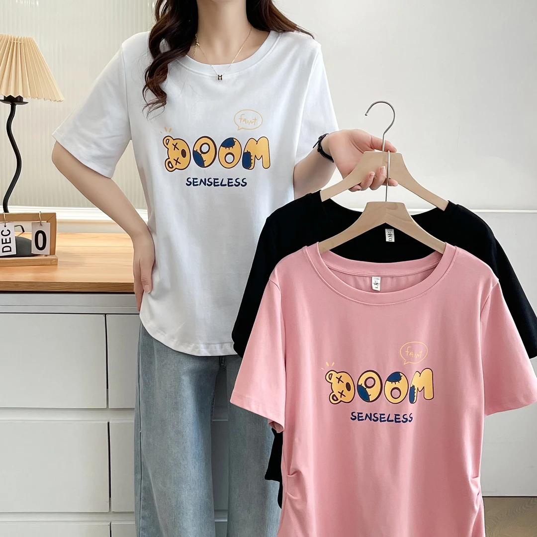 2025夏季新款大码百搭宽松显瘦遮肉弧形下摆卡通印花圆领短袖T恤