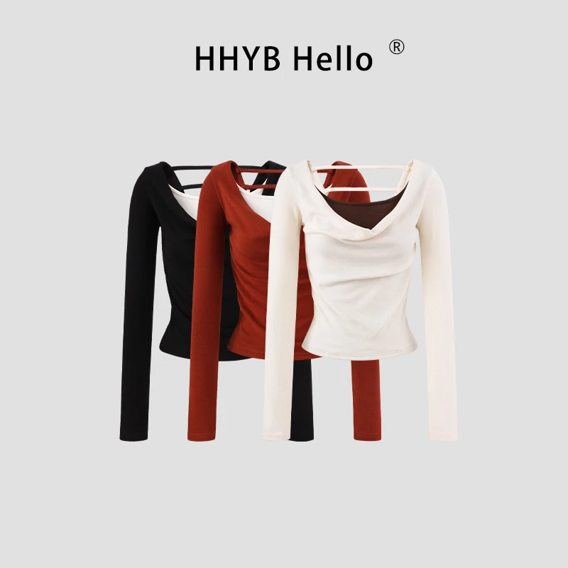 HHYB Hello假两件拼接设计针织衫2025秋季别致感荡领T恤女250823