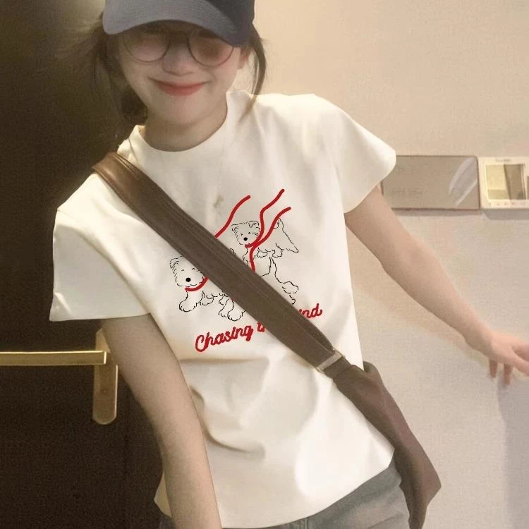 美式白色卡通印花纯棉正肩短袖t恤女夏季修身短款上衣2025新款