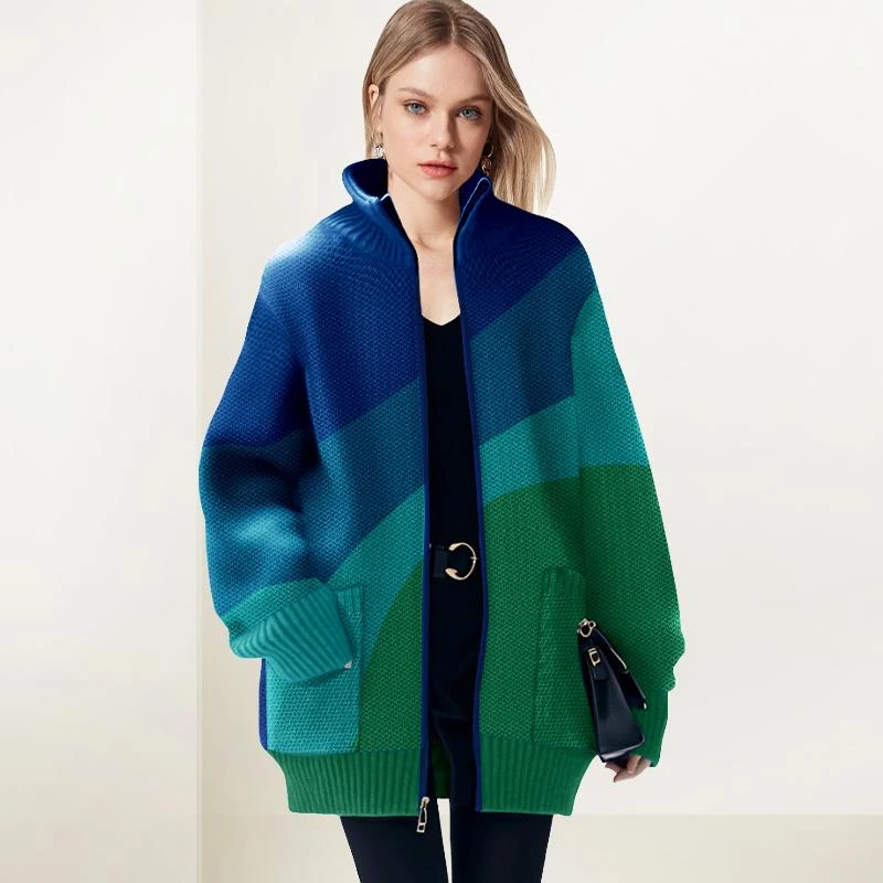 拼接撞色毛衣开衫女2025年冬装新款复古宽松慵懒风韩版针织外套潮