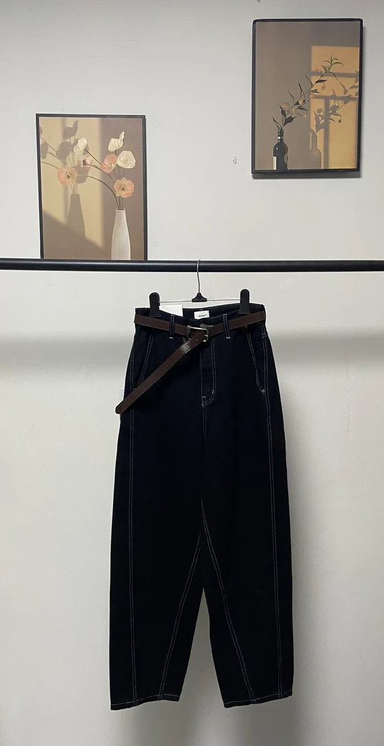 欧货DiarDiar7A759黑色高腰阔腿牛仔裤女春季宽松香蕉裤含腰带