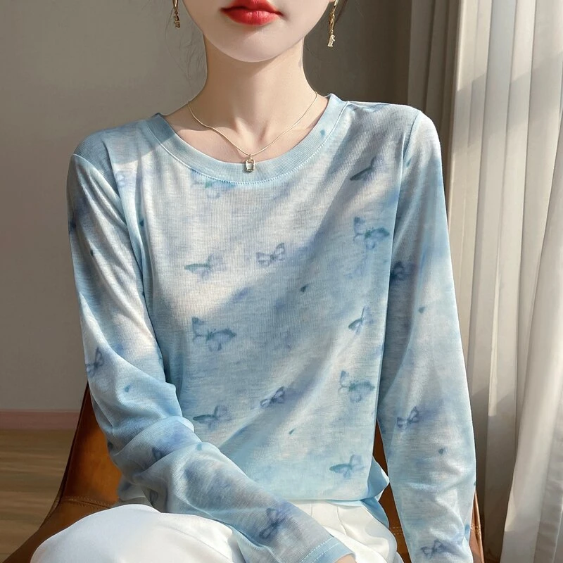 圆领扎染针织衫休闲长袖宽松百搭短款T恤印花打底衫薄款时尚春秋