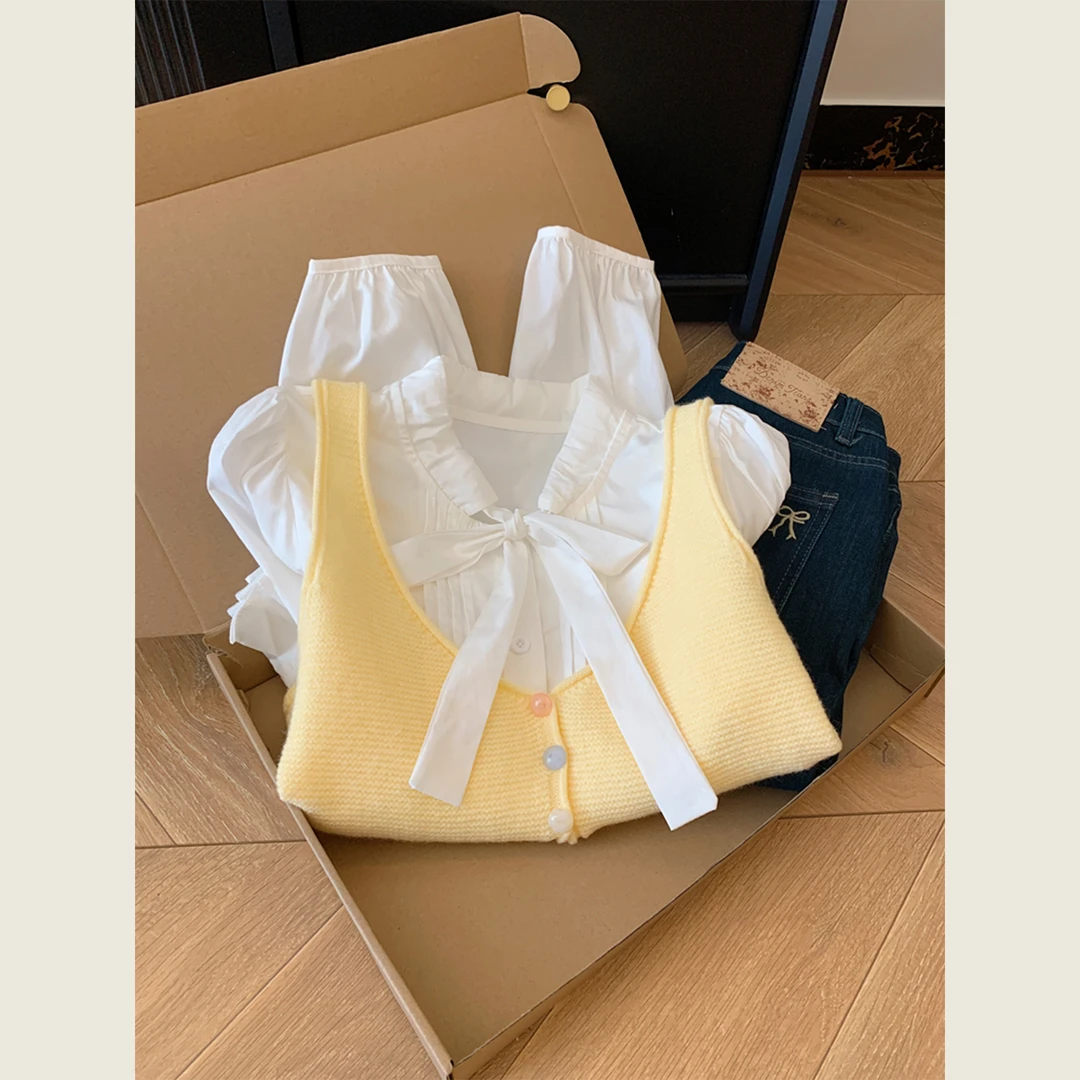 通勤新款两件套黄色针织背心吊带叠穿长袖衬衫女设计感小众上衣