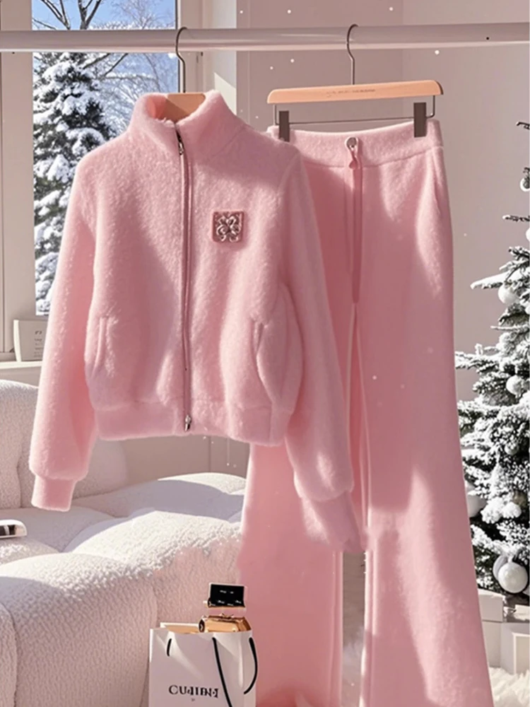 小香风粉色套装2025入冬穿搭一整套休闲高级感穿搭毛衣针织两件套