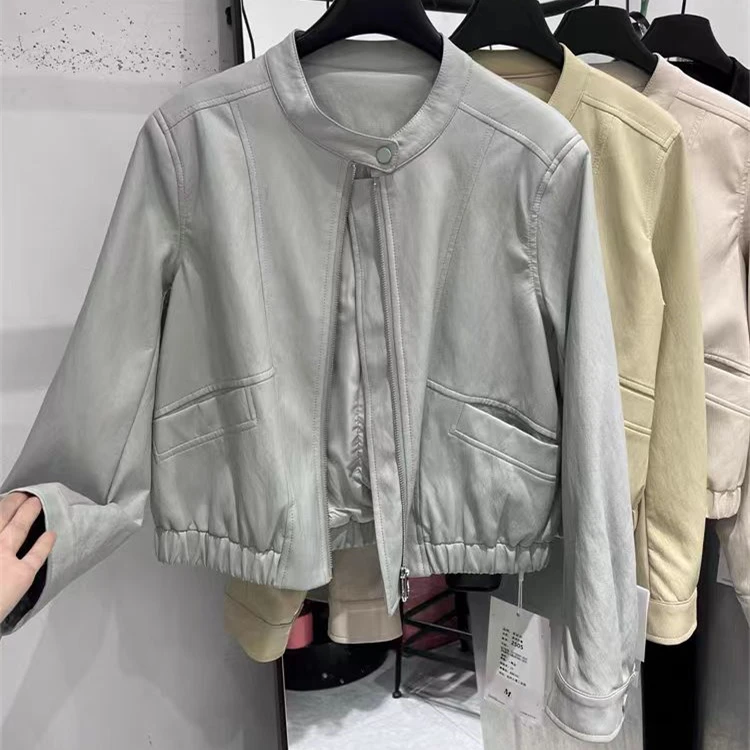 Queen Date韩版圆领短款机车皮衣女，小个子气质夹克蛋白皮外套