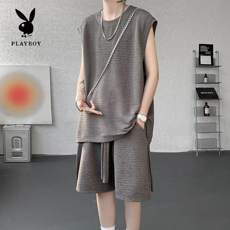 花花公子冰丝条纹无袖t恤背心套装男夏季凉感潮牌宽松运动裤中裤