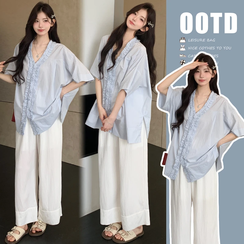 大码女装2025夏季新款韩版时尚木耳边娃娃上衣猪鼻扣阔腿裤两件套