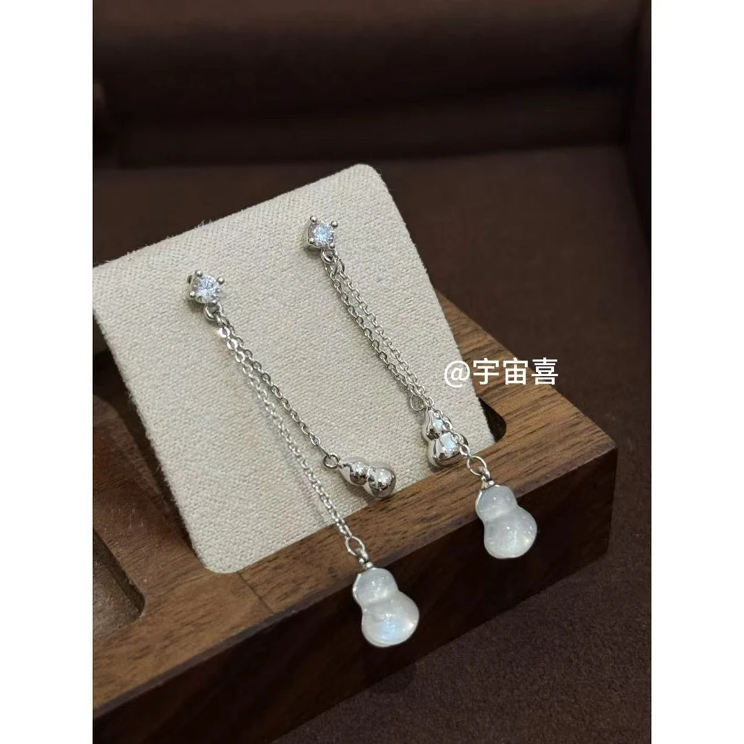 铜合金大理石耳饰 D2-153【流苏白锆白色葫芦耳钉】