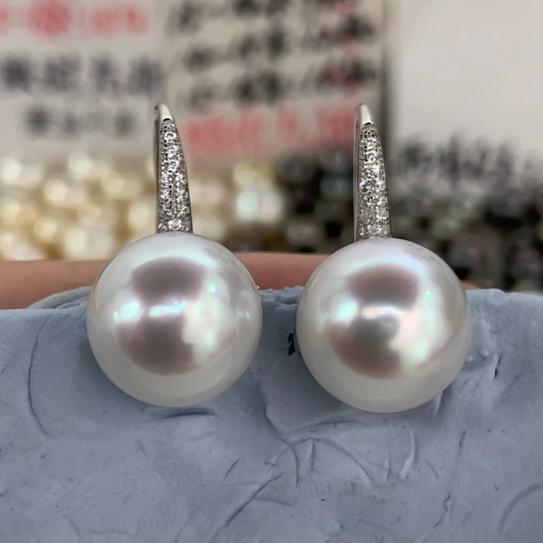 定制海水珍珠银S925镶嵌耳饰澳白粉光12-13mm近圆无瑕