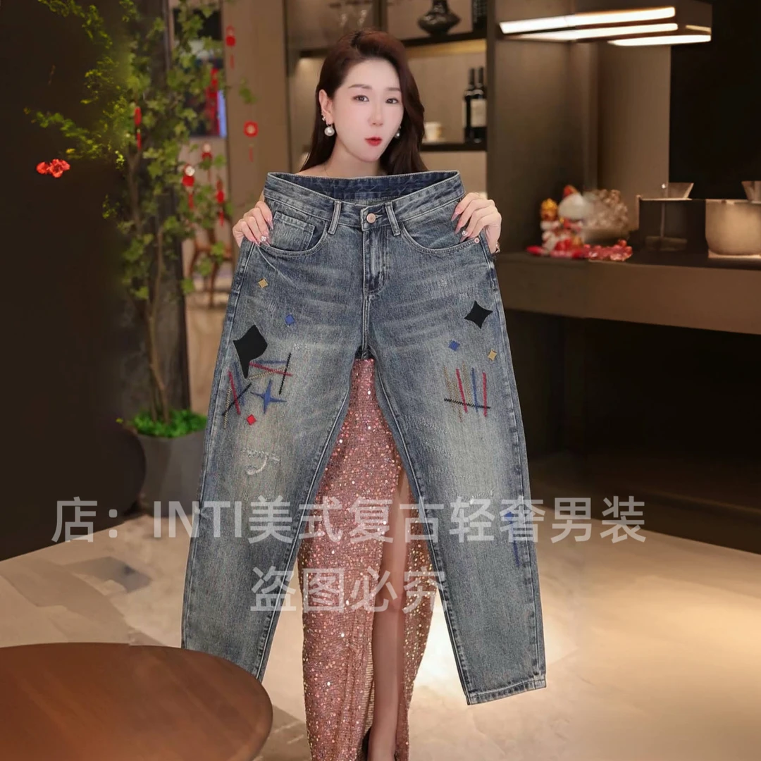 INTI秋冬季新款高端个性刺绣复古做旧男士牛仔裤宽松直筒阔腿裤潮
