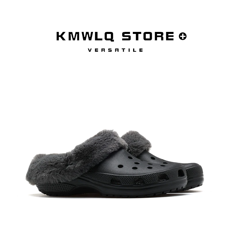 加绒洞洞鞋女秋冬款防滑厚底居家保暖休闲毛毛拖明星拖鞋男女外穿