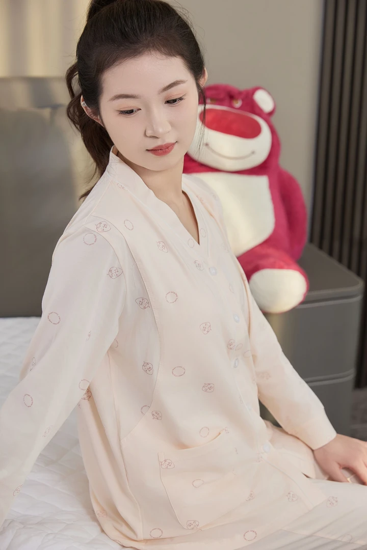 02夏季7A冰感纯棉孕妇睡衣哺乳月子服喂奶家居服套装长袖大码V领