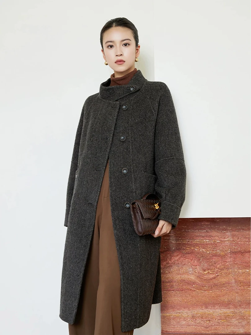 秋冬女士韩系灰色羊驼毛大衣休闲时尚毛呢外套气质DD022