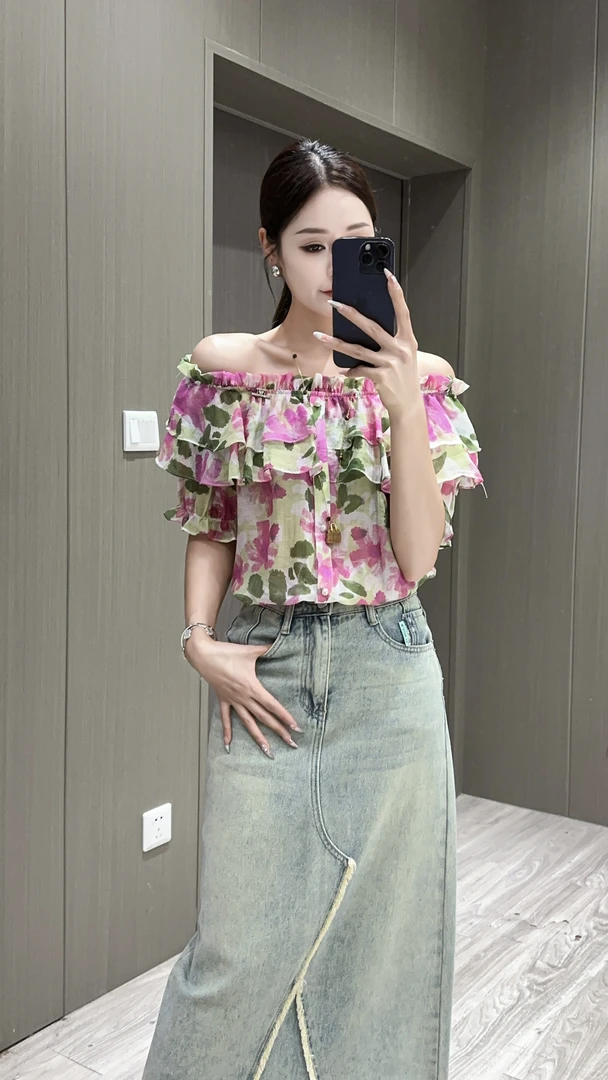 2025时尚夏季新款欧货正品南油高版本法式花色上衣6196