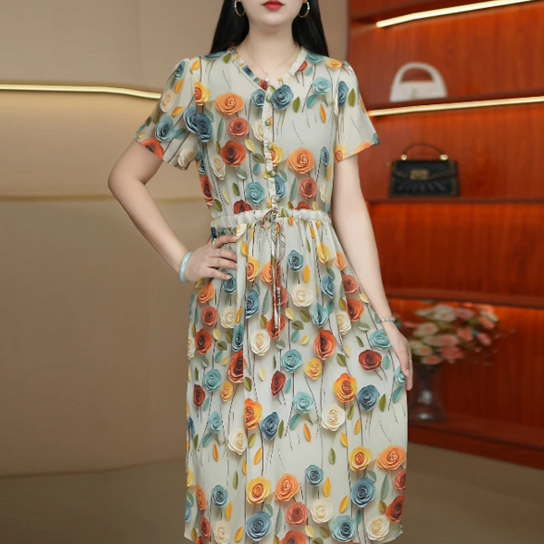 3D玫瑰花 新款夏季短袖气质时尚宽松显瘦遮肚高贵中长款连衣裙