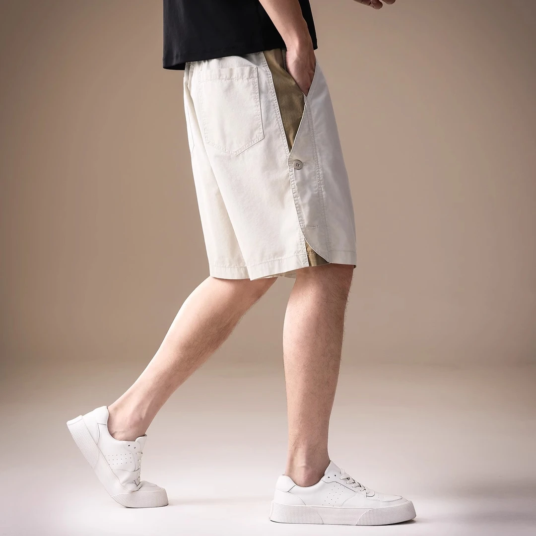 高端设计感撞色拼接短裤男士夏季薄款美式复古高街潮牌五分裤子男